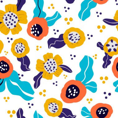 Soyut mutlu çiçekler arka planda pürüzsüz desen. Çiçek deseni, karalama tarzı, ambalaj kağıdı, bahar, yaz