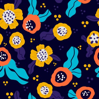 Soyut mutlu çiçekler arka planda pürüzsüz desen. Çiçek deseni, karalama tarzı, ambalaj kağıdı, bahar, yaz