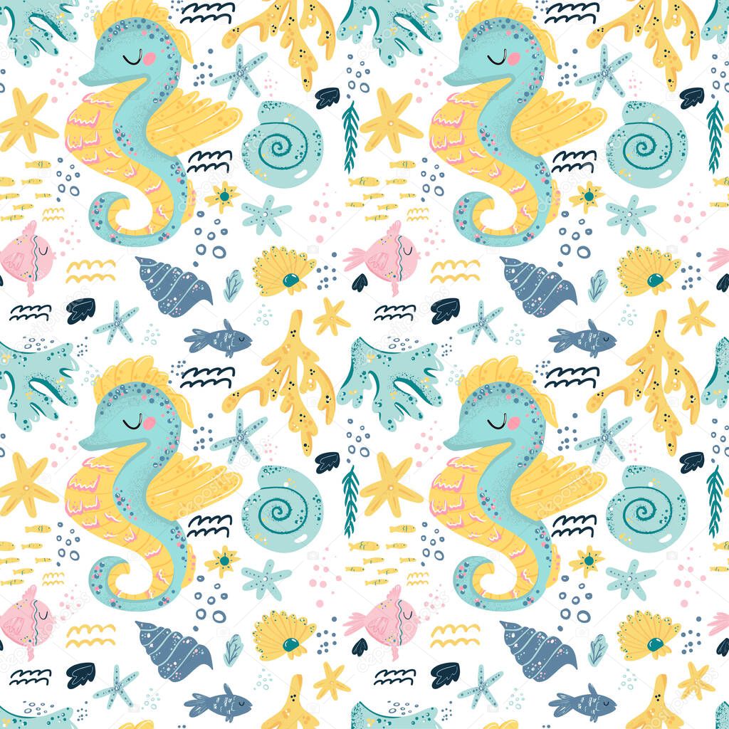 Vector seamless pattern with sea fauna. Background with starfish, sea horse, jellyfish, fish, crab, shell, nautilus. Abstract decorative cute illustration. Graphic design elements for print and web