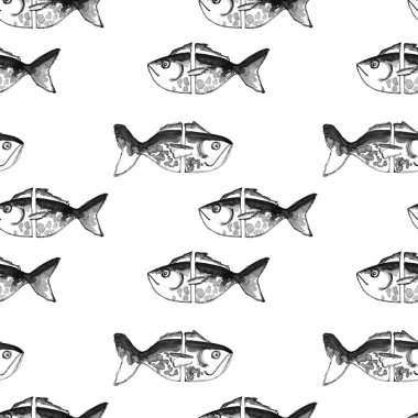 Siyah ve beyaz soyut balıkların kusursuz desenleri. Doku lekeleri ve çizgiler. Yaratıcı tasarım ve baskı dekoru için beyaz zemin üzerine el çizimi mürekkebi ve tüy boyası..