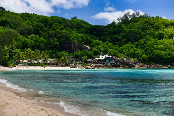 Tourists Spending Time Seaside Takamaka Beach Mahe Island Seychelles Palmtrees — Stock Photo, Image