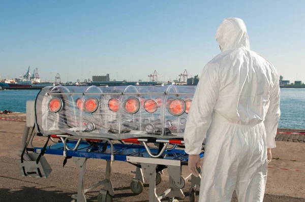 Medical Man Ambulance Bed Isolated Pandemic Virus Nuclear Alarm — Stock Photo, Image