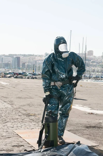 man with special ebola or pandemic virus dress or atomic contamination