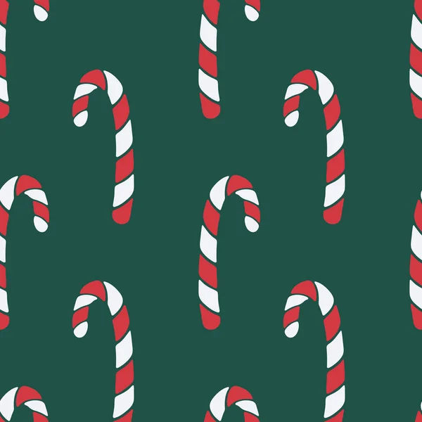 Vektor nahtloses Muster mit handgezeichneten Weihnachtsbonbons auf dunkelgrünem Hintergrund — Stockvektor
