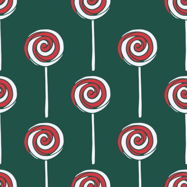 Koyu yeşil arka planda elle çizilmiş noel şekerleri ile vektörsüz desen