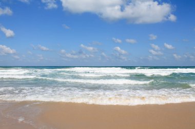 Bat Yam, İsrail 'deki kumlu sahilde deniz köpüğü