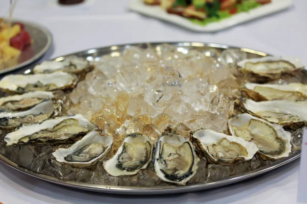 Austern mit Eiswürfeln auf dem großen runden Silber- oder Metallteller — Stockfoto