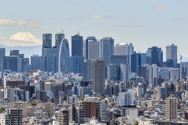 April 11, 2019, Tokyo, Japan - Skyscrapers of Shinjuku and Mt. Fuji view.