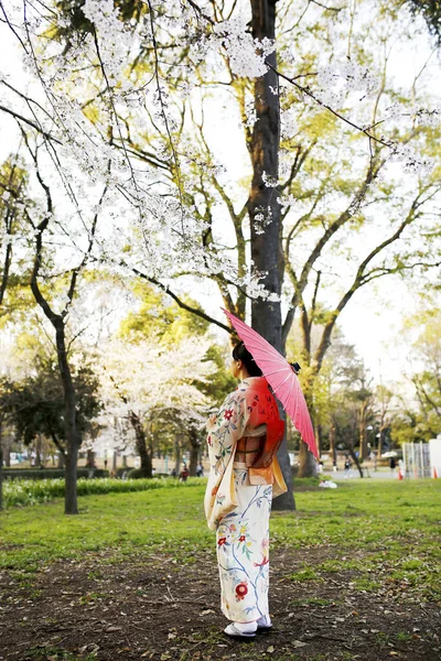 Porträtt Japansk Kvinna Vit Kimono Körsbärsträdgården Tokyo Japan — Stockfoto