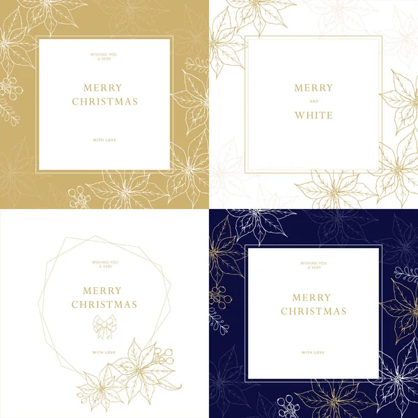 Conjunto de tarjetas de felicitación de Navidad y Feliz Año Nuevo con flores pooinsettia y marco geométrico de moda . — Vector de stock