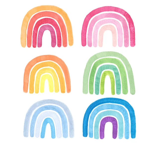 Beyaz arkaplanda izole edilmiş şirin suluboya gökkuşakları.