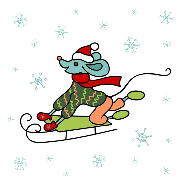 겨울 옷을 입은 쥐 썰매. 수작업. 2020 년 새해의 상징이다. 겨울 스포츠. — 스톡 사진