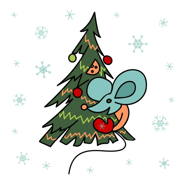 Mysz wyjrzała zza choinki ozdobionej bożonarodzeniowymi kulkami i serem. Ręczna robota. Symbol nowego roku 2020. Sporty zimowe. — Zdjęcie stockowe