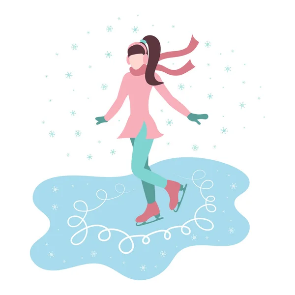 Cartoon girl skates on ice in the street, snow is falling. Winter sport. Snowflakes. The girl is wearing a jacket, mittens, a scarf, fur headphones, ice skates. Vector illustration for your design.