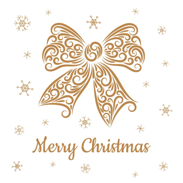 Gold bow from ornament elements. Line drawing. Snowflake. Merry Christmas inscription — Stock Vector