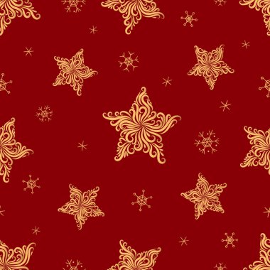 Süsleme elementlerinden gelen Noel yıldızı vektörsüz desen. Stilize edilmiş noel yıldızı dikişsiz dokusu. Yeni yıl. Tekstil, ambalaj kağıdı, duvar kağıdı tasarımı.