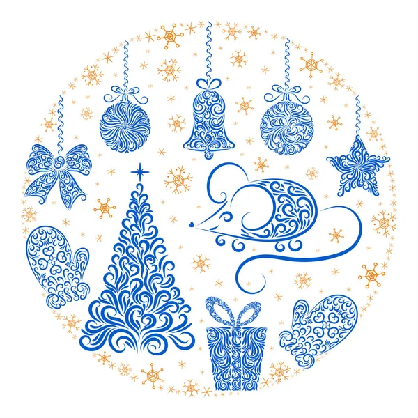 Decoração de Ano Novo definido a partir do ornamento da linha: rato, árvore, bolas de Natal, sino, estrela, presente, arco, mitene, flocos de neve. S — Vetor de Stock