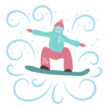 Çizgi film snowboardcusu tahtaya zıplıyor. Kış sporu. Adam kış kıyafetleri içinde snowboard yapıyor..