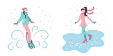 Çizgi film snowboardcusu ve kayakçısı, kar taneleri. Kış sporu. Bir kız buzda kayıyor. Kız snowboard yapıyor..