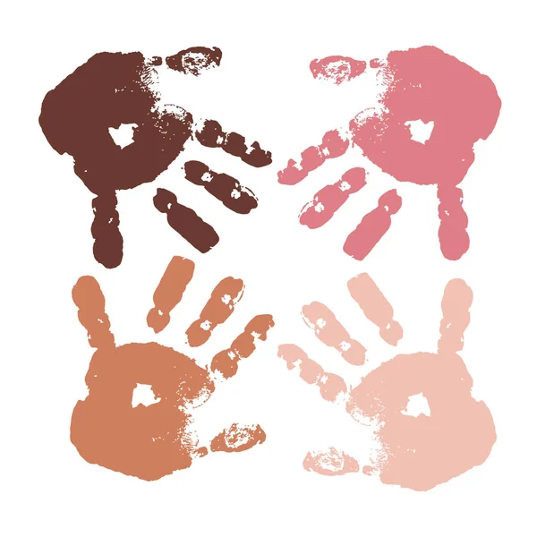 Concept d'inclusion. Mains de différentes couleurs de peau. Travail d'équipe syndical Inclusivité. Empreinte bébé paume . — Image vectorielle
