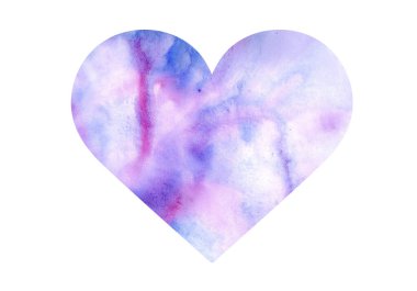Soyut suluboya arka plandan yapılmış bir kalp. Mor, pembe ve mavi renkli görüntü. Sevgililer Günü.