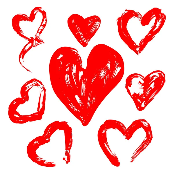 Conjunto de diferentes corazones rojos pintados con pinturas de dedos. Hecho a mano. Feliz día de San Valentín. Boda. Amor. — Vector de stock