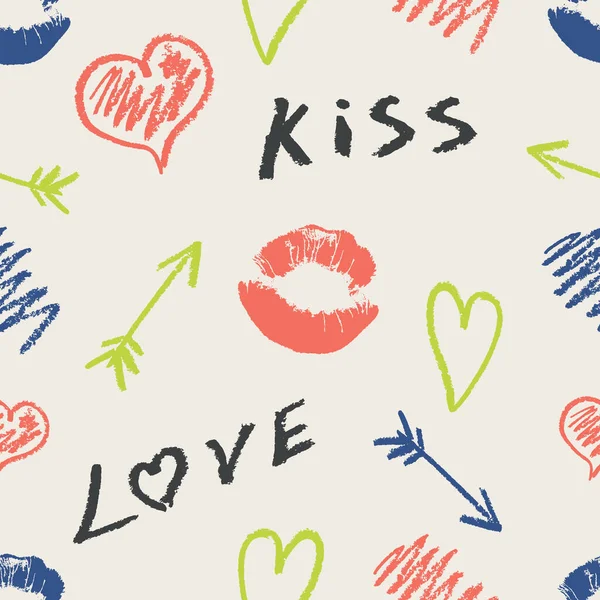 Symbolen van liefde getekend door lippenstift vector naadloos patroon. Hart, pijl, lippen, belettering naadloze textuur. — Stockvector
