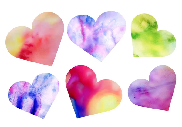 Conjunto de corazones multicolores de fondo acuarela abstracta. Día de San Valentín. boda . —  Fotos de Stock