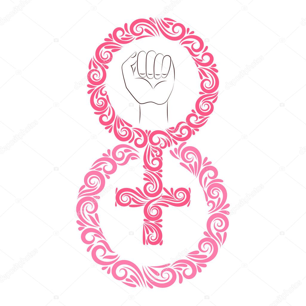 Silhouette of the female symbol of Venus, eight, fist up from elements ornament. Postcard Happy Women's Day. March 8.