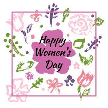 Tebrik kartı. Mutlu Kadınlar Günü. Çiçekler, yapraklar, parmak boyalarıyla boyanmış bitkiler. El yapımı. Düğün için. Bahar. Tasarımın için şablon. Stock Vektör illüstrasyonu. Beyaz bir arkaplanda izole edilmiş