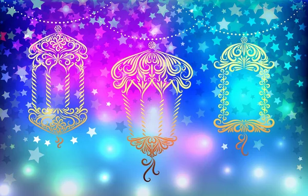 Different Lanterns Ornament Holiday Ramadan Image Blue Purple Gold Colors — ストックベクタ