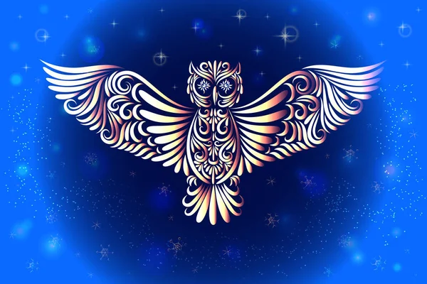 Stylized Flying Owl Elements Ornament Bird Drawn Line Image Blue — Stock Vector