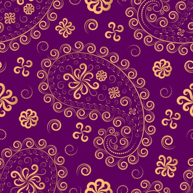 Doğulu salatalık vektörsüz desen. Paisley dikişsiz doku. Şablon. Tekstil, ambalaj kağıdı, duvar kağıdı tasarımı. Doğu dekoratif süsü. Mor arkaplana altın bir çizgi çiziyorum..