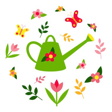 Bahçe sulama kutusu. İlkbahar seti: kelebekler, çiçekler, bitkiler. Merhaba Baharı Mektubu. Düz tasarım.