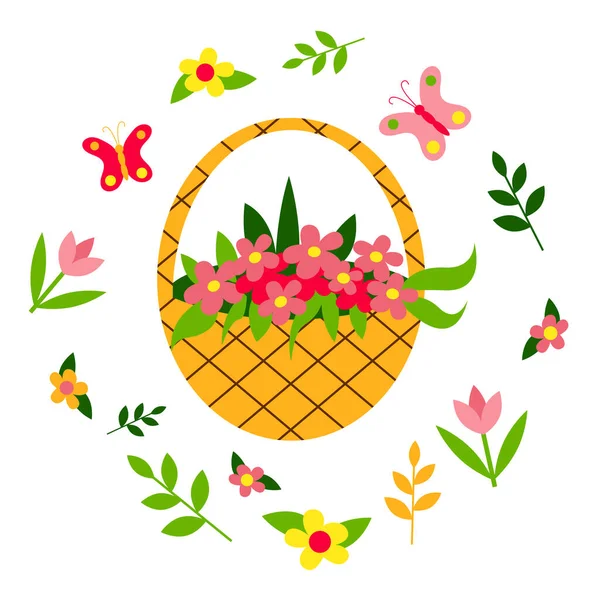 Wicker basket with flowers. Spring set: butterflies, flowers, plants. Lettering Hello Spring. Flat design.