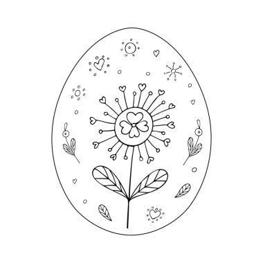 Çiçekli süslemeli Paskalya yumurtası. Siyah çizgi karalaması çiziyorum. El çizimi. Dekor ve tasarımın için şablon resmi. Vektör çizimi. Dekorasyon. Renkler.