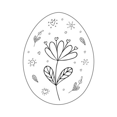 Çiçekli süslemeli Paskalya yumurtası. Siyah çizgi karalaması çiziyorum. El çizimi. Dekor ve tasarımın için şablon resmi. Vektör çizimi. Dekorasyon. Renkler.