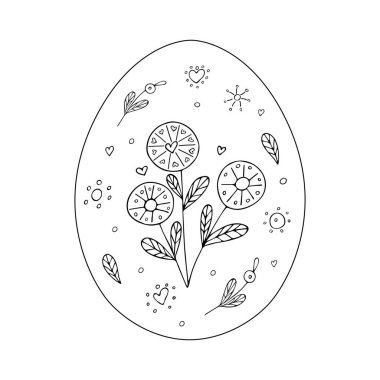 Çiçekli süslemeli Paskalya yumurtası. Siyah çizgi karalaması çiziyorum. El çizimi. Dekor ve tasarımın için şablon resmi. Vektör çizimi. Dekorasyon. Renkler.