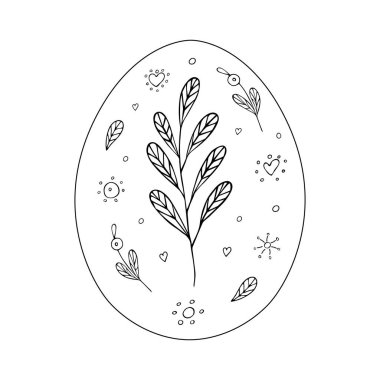 Çiçekli süslemeli Paskalya yumurtası. Siyah çizgi karalaması çiziyorum. El çizimi. Dekor ve tasarımın için şablon resmi. Vektör çizimi. Dekorasyon. Renkler.