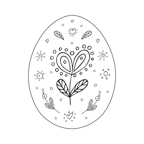 Huevo Pascua Con Adornos Florales Dibujando Garabato Línea Negra Dibujo — Vector de stock