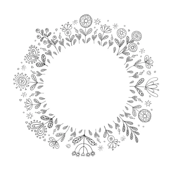 Une couronne de fleurs stylisées, des brindilles, des herbes. Ligne noire dessinée à la main. Objets isolés sur fond blanc . — Image vectorielle