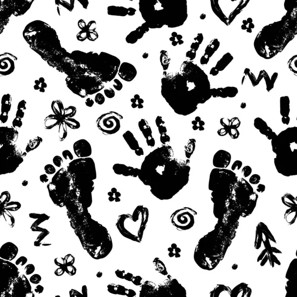 Imprint Baby Palm Foot Vector Seamless Pattern Black Beautiful Set — Stock Vector