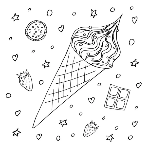 Zmrzlina Vaflovacím Kuželu Jahodami Sušenkami Čokoládou Ruka Nakreslená Černou Čárou — Stockový vektor