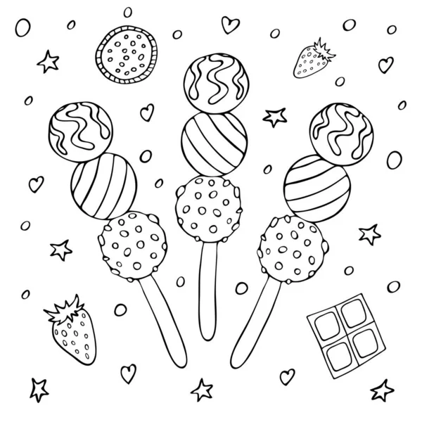 Японское Мороженое Данго Палочках Клубникой Шоколадом Печеньем Рука Нарисована Черной — стоковый вектор