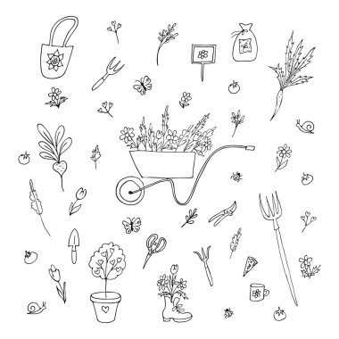 Bahçıvanlık. Bahçe aletleri, fidanlar, çiçekler, kelebekler, uğur böcekleri, salyangozlar. Bahar takımı. Siyah çizgili el çizimi. Vektör çizimi. Dekorasyon. Beyaz arkaplandaki izole nesne renklendiriliyor