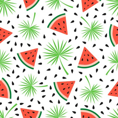 Pervane palmiyesi ve karpuz vektör dilimleri. Tropikal yaprak ve dikişsiz meyve dokuları. Tekstil, ambalaj kağıdı, duvar kağıdı tasarımı, ambalaj. Beyaz arkaplandaki izole nesneler.