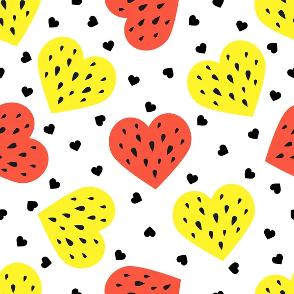 Forma de corazón rojo y amarillo sandía rebanada vector patrón sin costura . — Archivo Imágenes Vectoriales