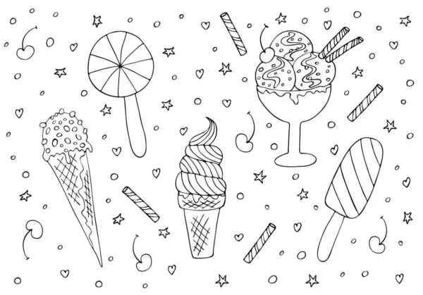 Набор Мороженого Нарисованный Черной Линией Фруктовое Мороженое Палочке Вафельный Конус — стоковый вектор
