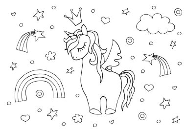 Kanatlı tek boynuzlu at, gökkuşağı, bulut, taç, yıldız eli çizilmiş siyah çizgi. Dekorasyon. Renkler.