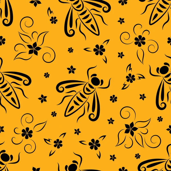 과꽃은 벡터로 무늬로 그려졌다 초원의 솔기없는 질감에 곤충들 디자인 검정의 — 스톡 벡터